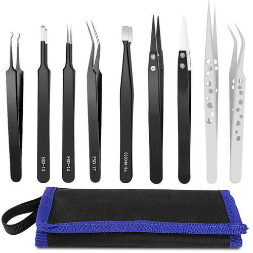Tweezer Set, ESD Anti-Static Flat Head Tweezers Kit Curved T