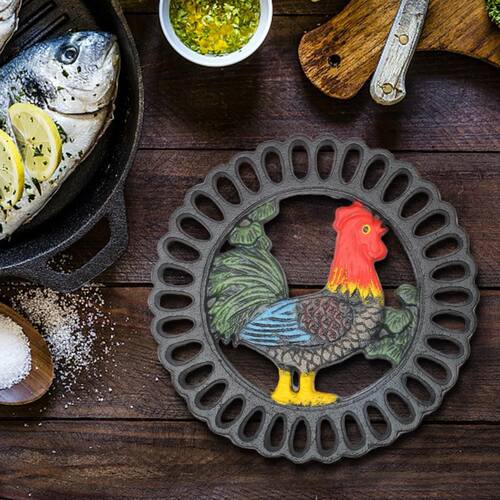 Intricately Carved Trivet Mat Multi-Use Iron Cast Cock Table
