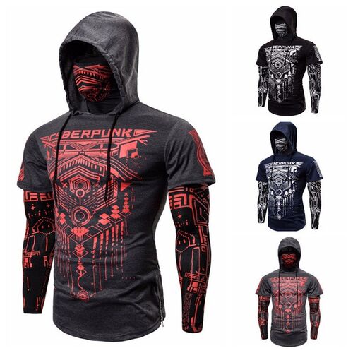 Mens Skull Mask Hoodies Sweatshirt Fake Two Pieces Men Punk