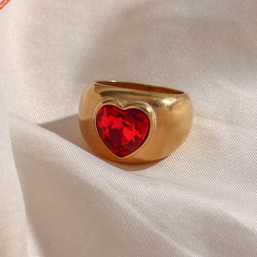 2021 New Stainless Steel Statement Red Zircon Stone Heart Ri