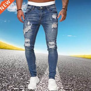 Mens Ripped Skinny Jeans Blue Slim Fit Hole Pencil Pants Bik