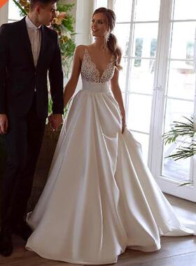 Smileven Elegant Satin Wedding Dresses Top Lace V Neck Bride