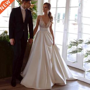 Smileven Elegant Satin Wedding Dresses Top Lace V Neck Bride