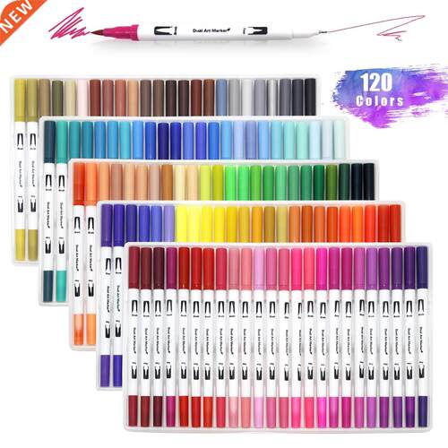120 Colors Dual Tip Brush Marker Pens Art Watercolor Finelin