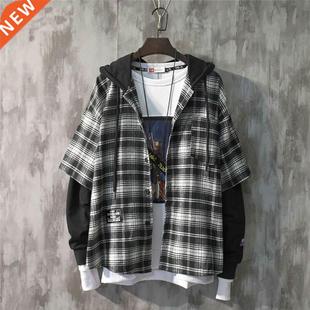 Men Emo Harajuku Fashion Autumn Alt Hooded Collar Plaid Stit