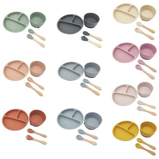 Baby infant Divided Dinner Plate Sucker Bowl Spoon Fork Set