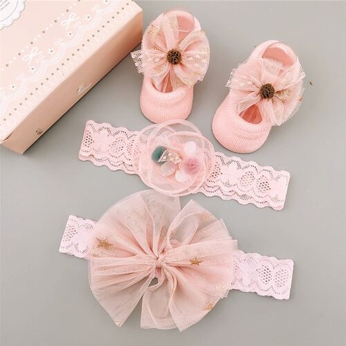 3Pcs/Set Lace Flower Baby Girl Headband Socks Set Crown Bows