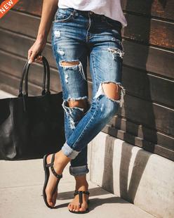 Hot sale woman ripped jeans fashion ndy stch slim denim jean