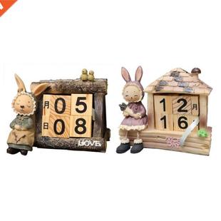 Cute Rabbit Calendar Ornaments Wooden House Date Desktop Orn