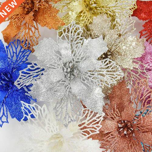 10pcs Glitter Artificial Poinsettia Flower with Berry Weddin