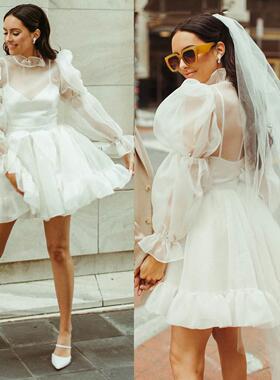 Real Photos Mini Organza Long Bishop Sleeves Micro Wedding D