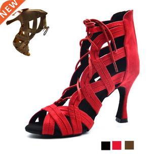 New Woman High Top Latin Dance Shoes Black Red Soft Sole Bal