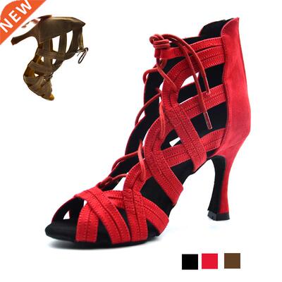 New Woman High Top Latin Dance Shoes Black Red Soft Sole Bal