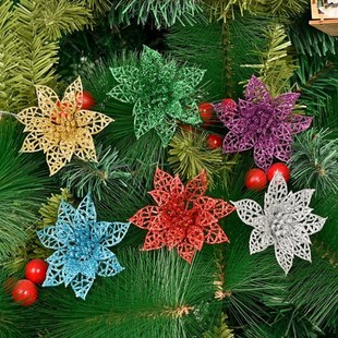 6pcs Artificial Christmas Flowers Glitter Fake Flower DIY Me