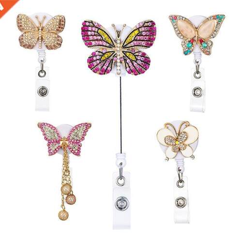 5 Pack Retractable Badge Reel Butterfly Rhinestone Badge Hol