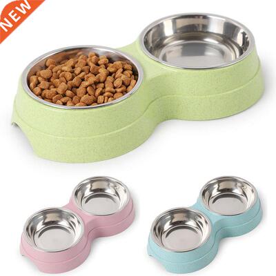 Double Pet Bowls Dog Food Water Feeder Stainless Steel Pet D