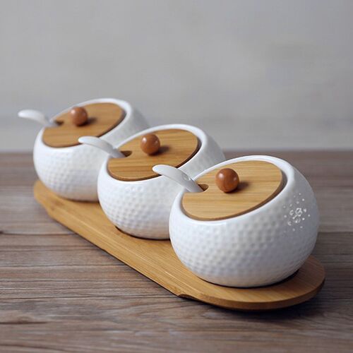 Ceramic Condiment Storage Jar Household Seasoning Pot Bamboo