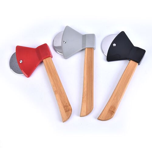 Axe Bamboo Handle Pizza Cutter Rotating Blade Home Kitchen C