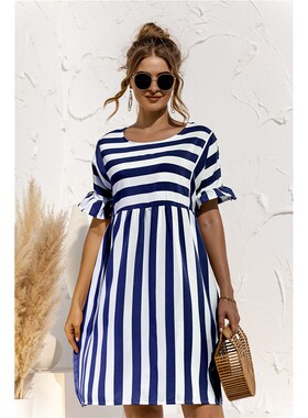 Women Elegant Ruffle Sleeve Striped Patchwork A Line Dress