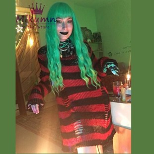 Women Sweater Gothic Punk Striped Knitted Sweater Jumper Loo