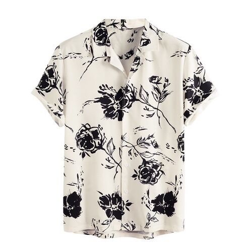 QIWN Men's Rose Print Short Sleeve Shirt Ink Style Large Siz