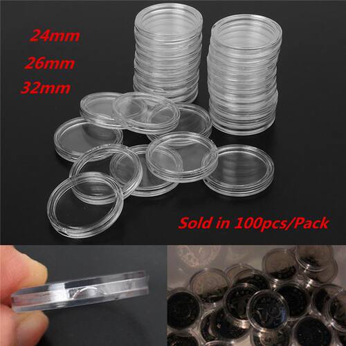 100Pcs/Set 24/26/2mm Clear Plastic Coin Capsules Case Coins