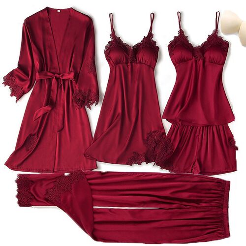 Pajama Set Women Lace Trim Satin Sleepwear Pyjamas Pour Femm