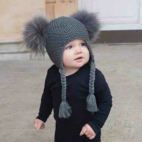 New Autumn Winter Baby Kids Beanie 15 CM Real Fur Pompom Hat