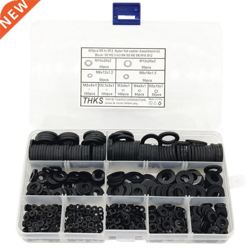 600Pcs Black Nylon Rubber Flat Washer Assortment Kt for M2