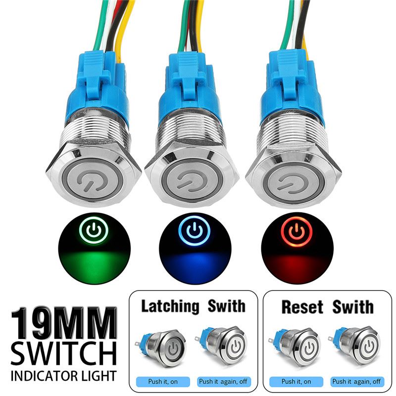 12V 24V 19mm Metal LED 5Pin Push Button Switch Wire Connecto