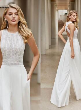 White Wedding Jumpsuit Beach Dresses O Neck Floor Length Boh