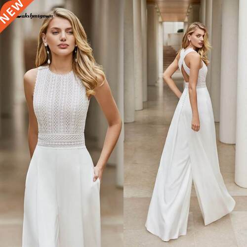 White Wedding Jumpsuit Beach Dresses O Neck Floor Length Boh