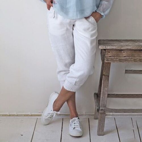 2021 White Women Cotton Pants Short Pants Capris Casual Loos