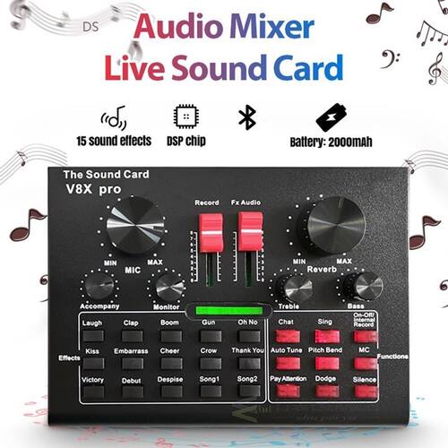 HOT-V8X PRO Live Sound Card Audio Mixer Bluetooth 15 Multipl