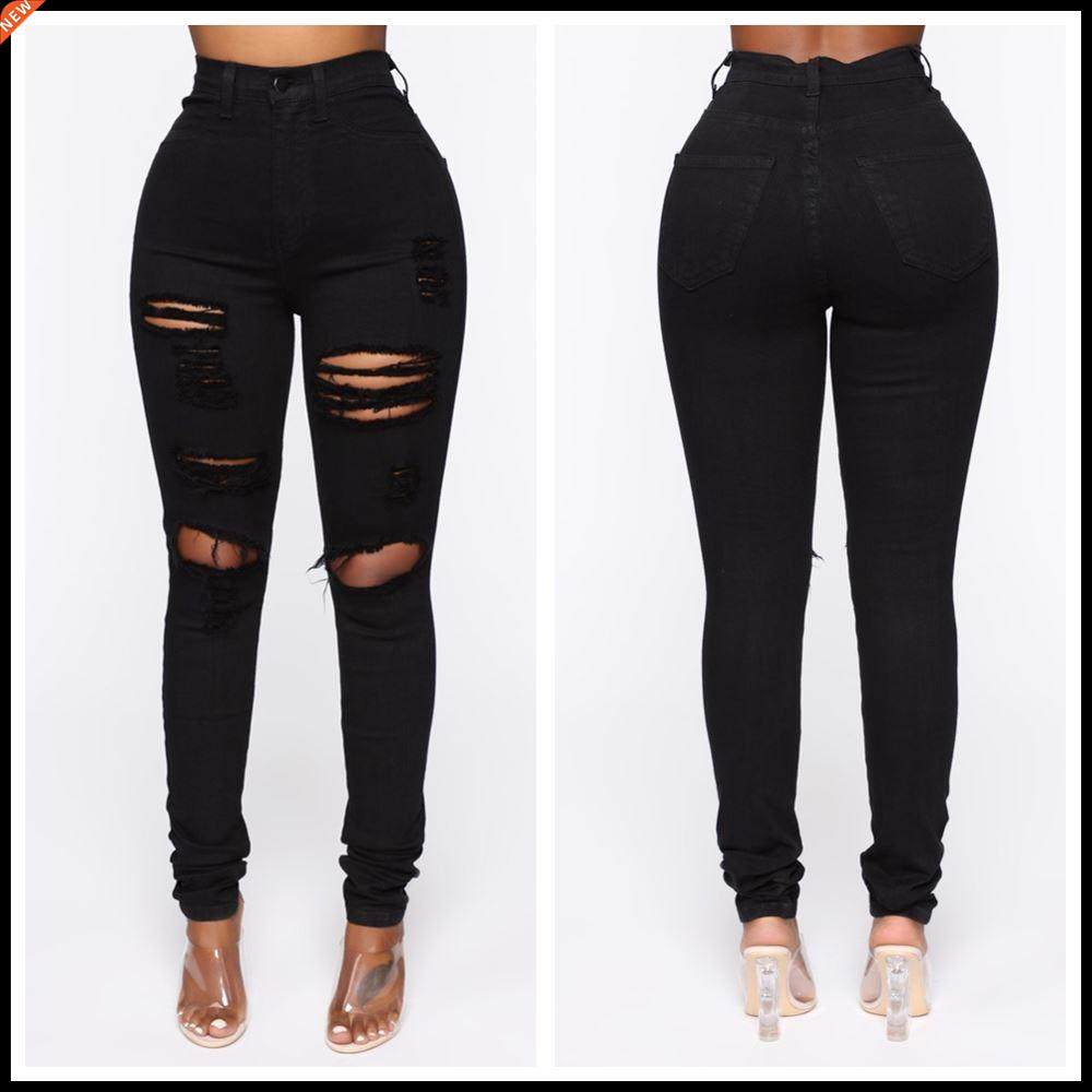 New Black Ripped Jeans For Women Fashion High Waist Denim Pe图片