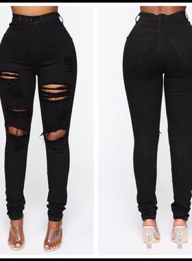 New Black Ripped Jeans For Women Fashion High Waist Denim Pe