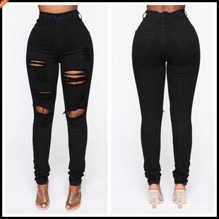 New Black Ripped Jeans For Women Fashion High Waist Denim Pe