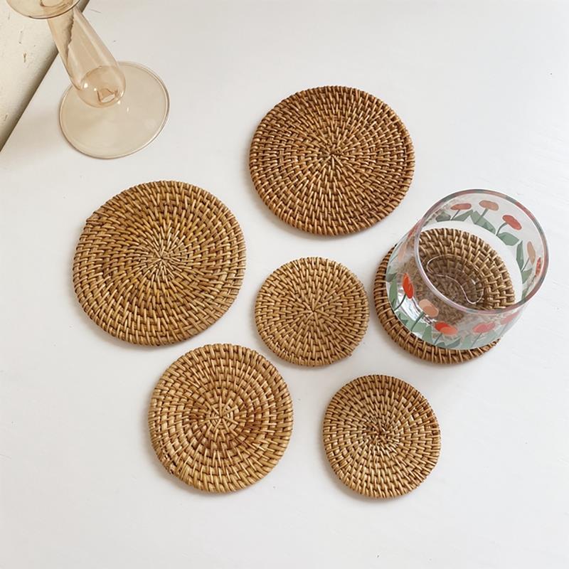 1pc Round Natural Rattan Coasters Bowl Pad Handmade Insulati 商业/办公家具 商业美陈 原图主图