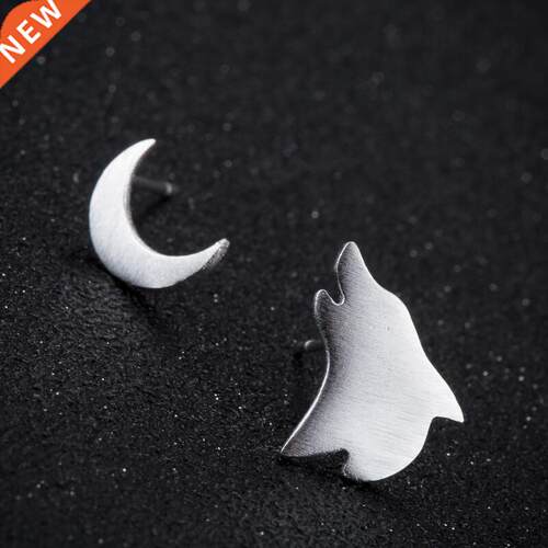 Jisensp Unique Lovely Wolf and Moon Stud Earrings for Women