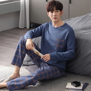 Autumn Winter Cotton Plaid Sleepwear Pajamas for Men Loose L