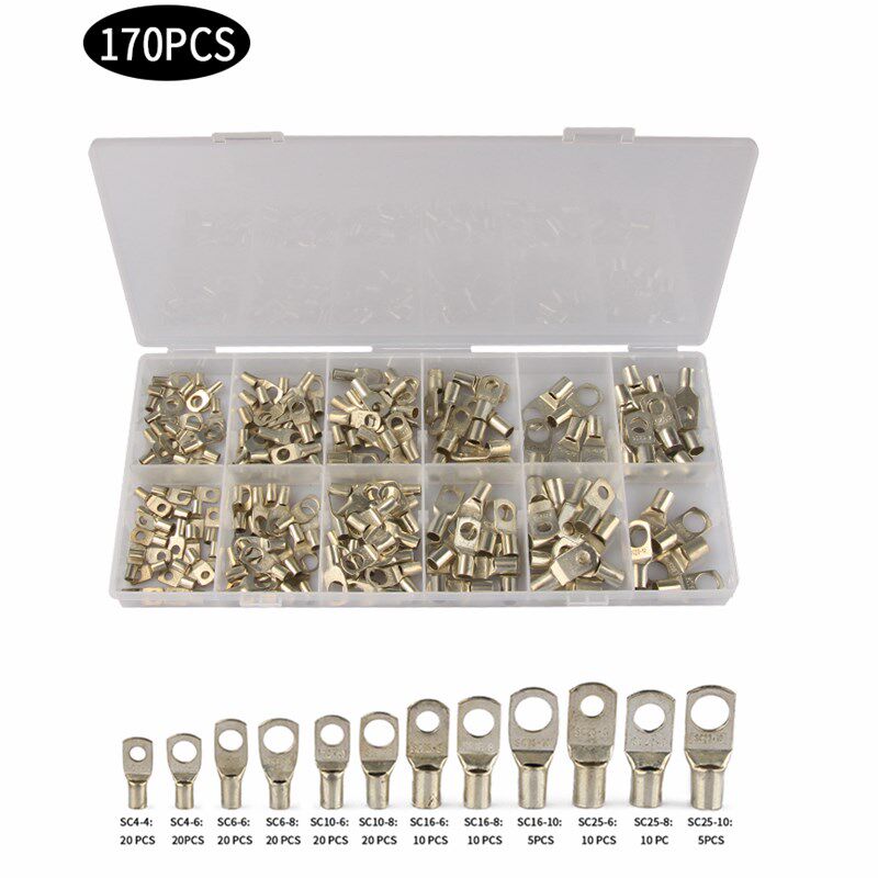 170Pcs SC Bare Terminals Tinned Copper Lug Ring Seal Wire Co - 实物图