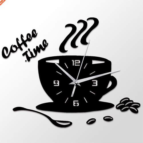 New 3D  Coffee Time Clock Acrylic Wall Clock Modern for K