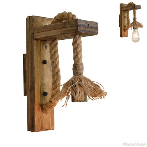 E27 American Style Pastoral Hemp Rope Wall Lamp Vintage Wood