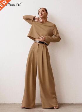 Mnealways18 Classic Wide Pants Floor-Length Pleated Loose Wo