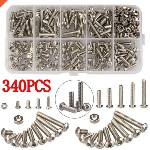 340PCS M3 Stainless Steel Hex Socket Screws Nut Set With B