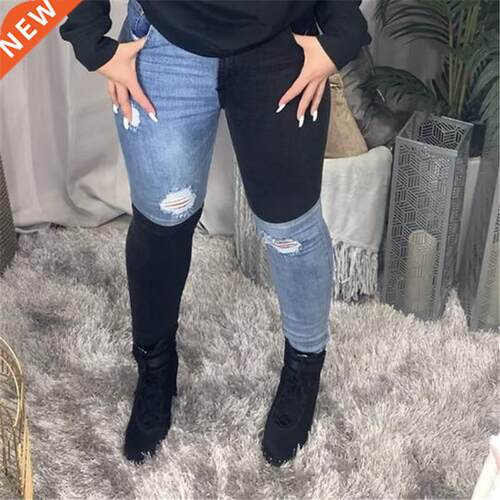 2021 New Woman Black Blue Contrast Color High Waist Jeans Fa