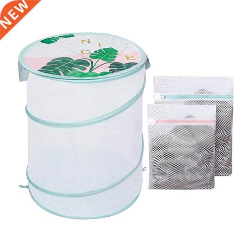 Mesh Collapsible Laundry Basket with Lid,Dirty Hamper with 2