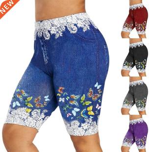 Plus Size Denim Shorts Women Lace Patchwork Butterfly Print