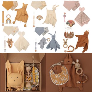 Baby Silicone Teether Wooden Rattle Toys Double Side Cotton