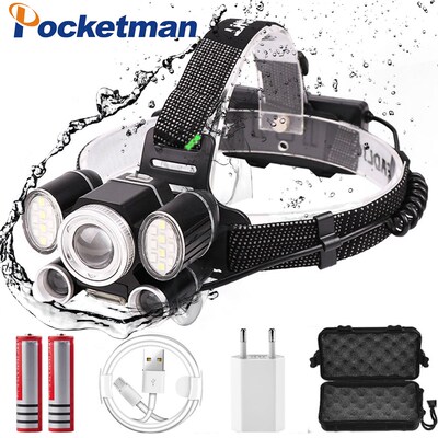 High Lumen XHP50+2T6+COB LED Headlamp 9 Modes Headlight Zoo